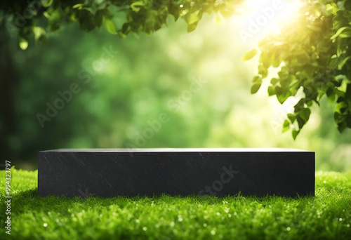 AI-generated black granite product display podium in a green area with grass, flowers, and sunlight
