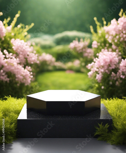 AI-generated black granite product display podium in a green area with grass, flowers, and sunlight photo