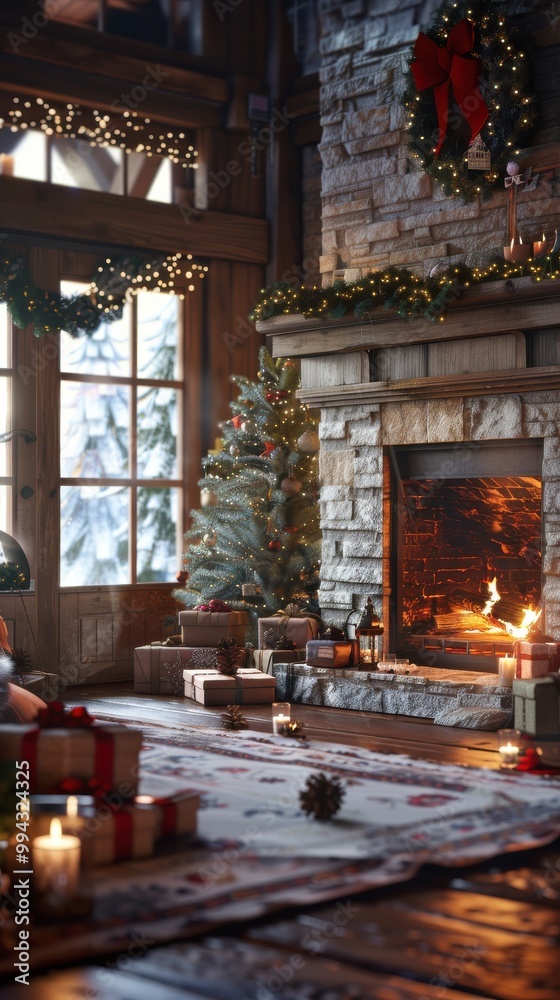 Obraz premium A cozy living room with a fireplace, a Christmas tree