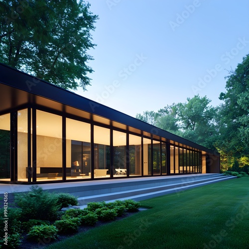 A modern architectural design of a minimalist house featuring large windows and a spacious porch, set against a