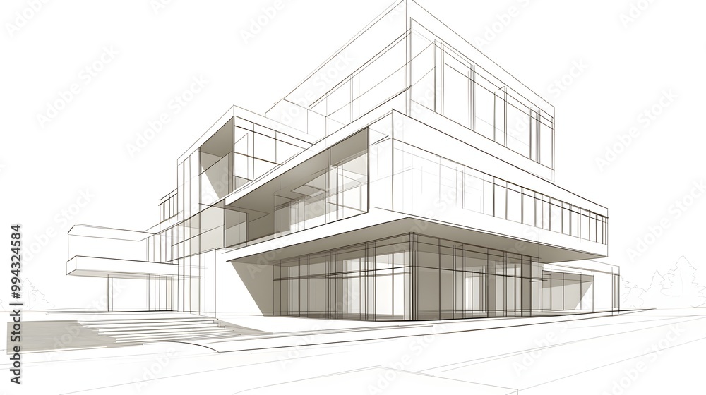 A detailed architectural drawing of a modern residential building with large windows and a sleek design, set against a , allowing ample copy space A detailed architectural drawing of a modern residential building with large windows and a sleek design, set against a , allowing ample copy space