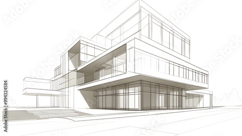 A detailed architectural drawing of a modern residential building with large windows and a sleek design, set against a , allowing ample copy space