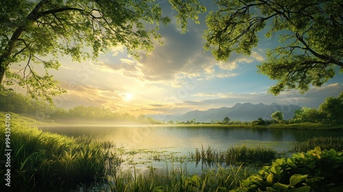 Tranquil Lake at Sunset with Mountain View Framed by Tree Branches