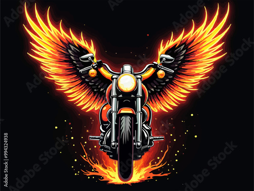 Vector t-shirt design with biker motorcycle, wings
and fire on black background.
Fashionable print for fabric, paper, men clothing,
hoodie, biker jacket. T shirt template with flame.