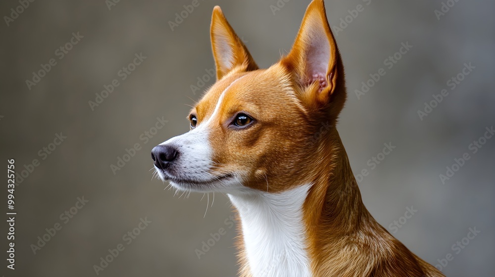A close-up of a Portuguese Podengo Pequeno with a smooth coat, highlighting its unique color patterns against a plain backdrop A close-up of a Portuguese Podengo Pequeno with a smooth coat, highlighting its unique color patterns against a plain backdrop