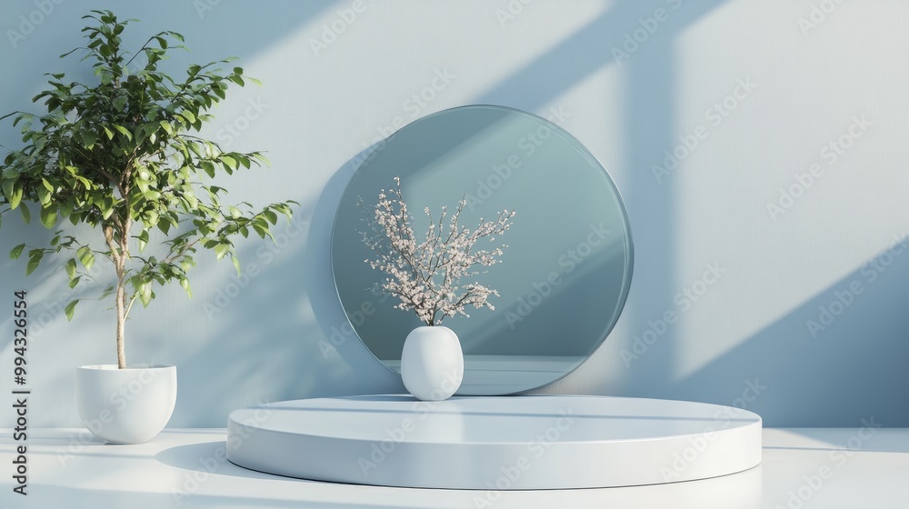 3D blue podium display mockups boast a sleek, modern design and circular glass backdrop, ideal for showcasing products in a sophisticated interior setting. 3D blue podium display mockups boast a sleek, modern design and circular glass backdrop, ideal for showcasing products in a sophisticated interior setting.