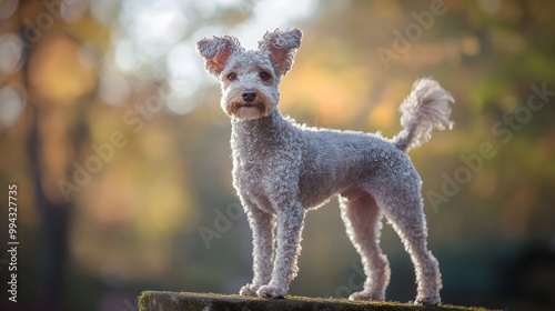 A Pumi dog standing proudly on a , showcasing its unique curly coat and perky ears