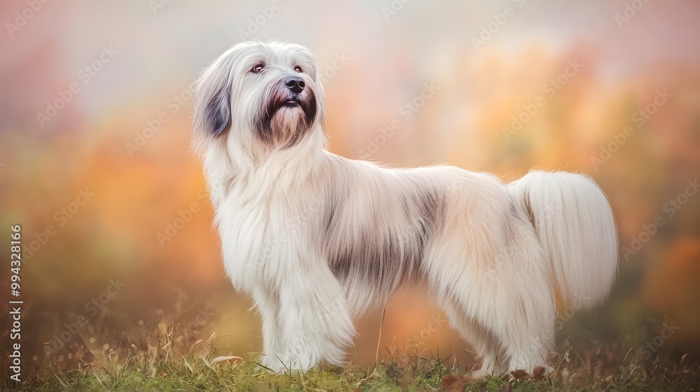 A Pyrenean Shepherd dog standing majestically, showcasing its unique coat patterns against a soft pastel backdrop, perfect for highlighting its features A Pyrenean Shepherd dog standing majestically, showcasing its unique coat patterns against a soft pastel backdrop, perfect for highlighting its features