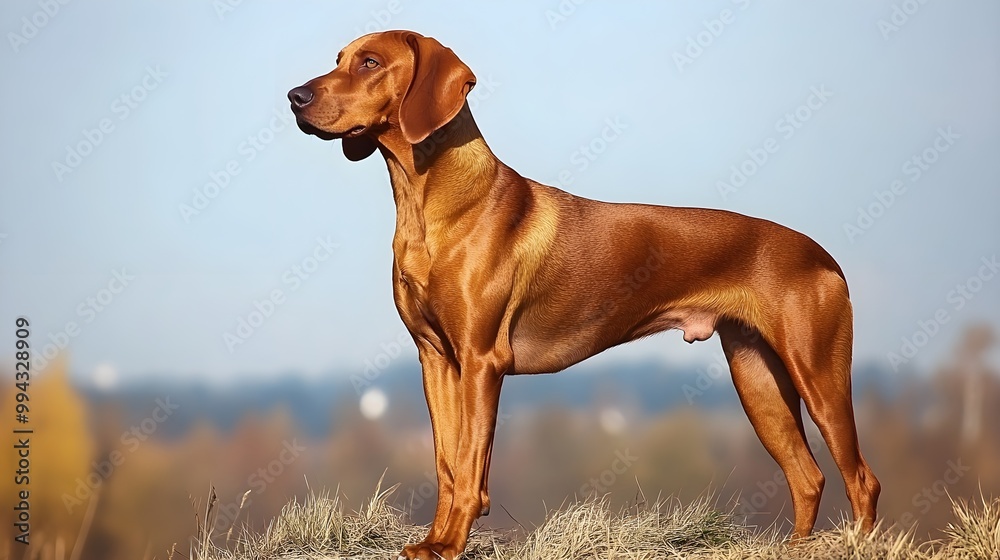 A Redbone Coonhound standing proudly on a , showcasing its sleek coat and expressive eyes A Redbone Coonhound standing proudly on a , showcasing its sleek coat and expressive eyes