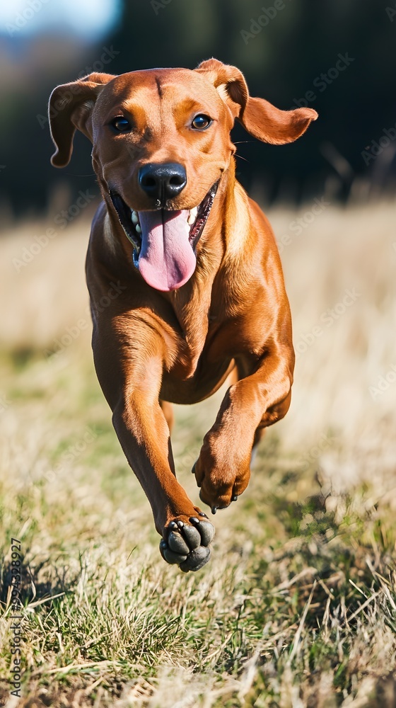 A playful Redbone Coonhound running through an open field, with acreating a sense of freedom A playful Redbone Coonhound running through an open field, with acreating a sense of freedom