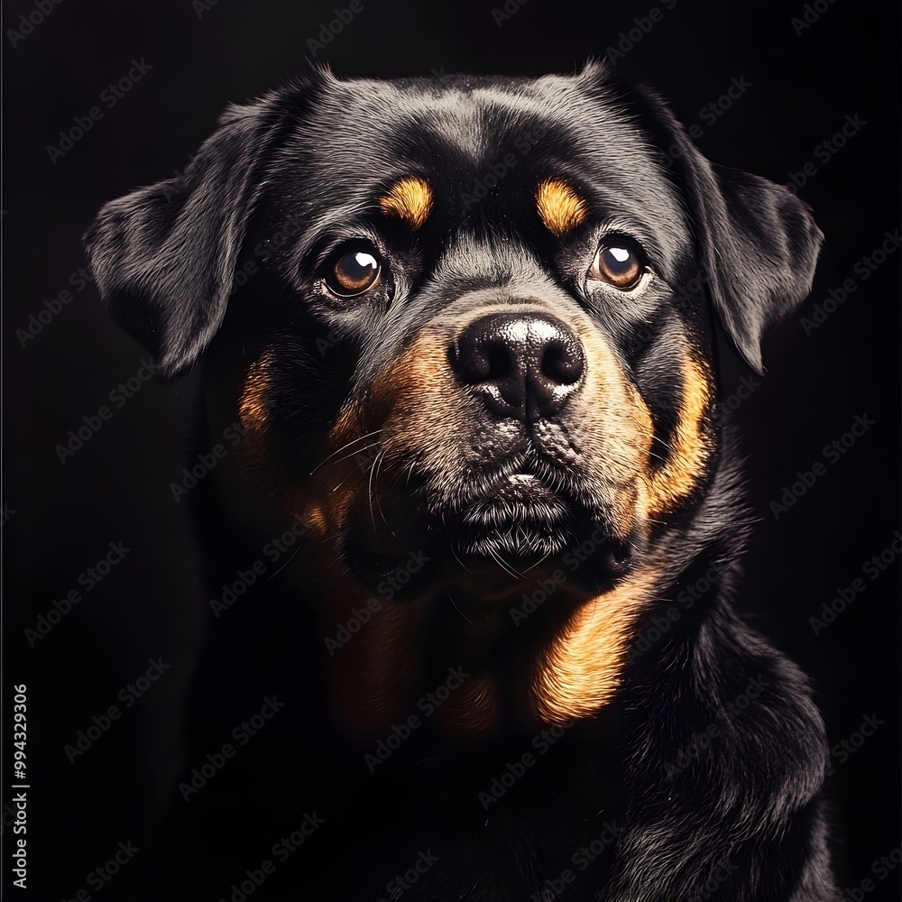 Fototapeta premium A close-up portrait of a Rottweiler with a shiny coat and expressive eyes, perfectly framed against a