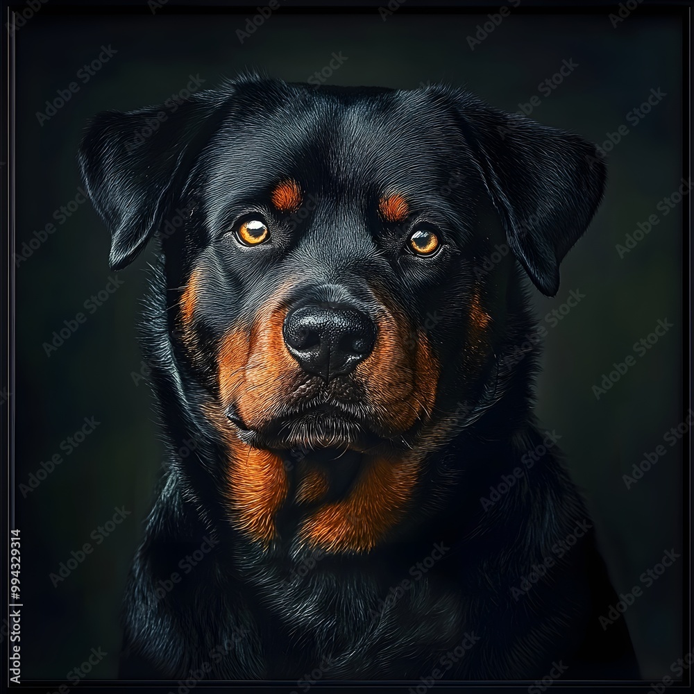 A close-up portrait of a Rottweiler with a shiny coat and expressive eyes, perfectly framed against a