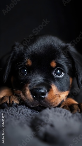 A playful Rottweiler puppy lying on a soft surface, surrounded by athat highlights its cuteness photo