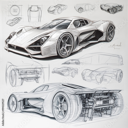 technical sketch CAD drawing futuristic supercar with detail and sketch work
