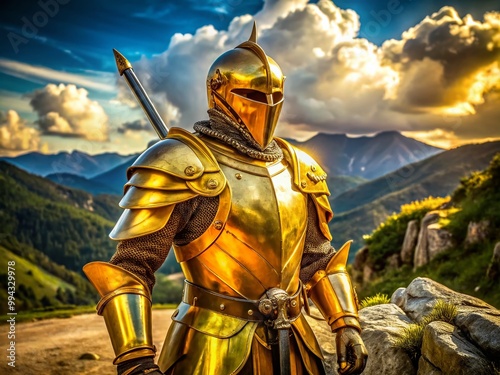 Majestic Gold Armor Knight Standing Tall Amidst a Fantasy Landscape Ready for Battle and Adventure