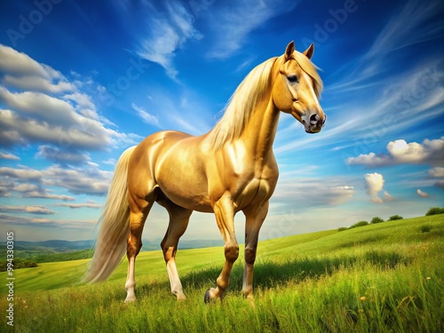 Majestic golden colored horse standing gracefully in a lush green field under a clear blue sky