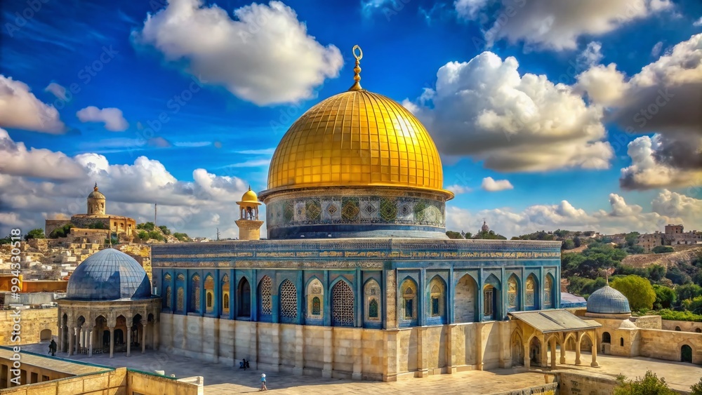 Fototapeta premium Majestic Golden Dome of the Rock in Jerusalem Surrounded by Ancient Architecture and Blue Sky
