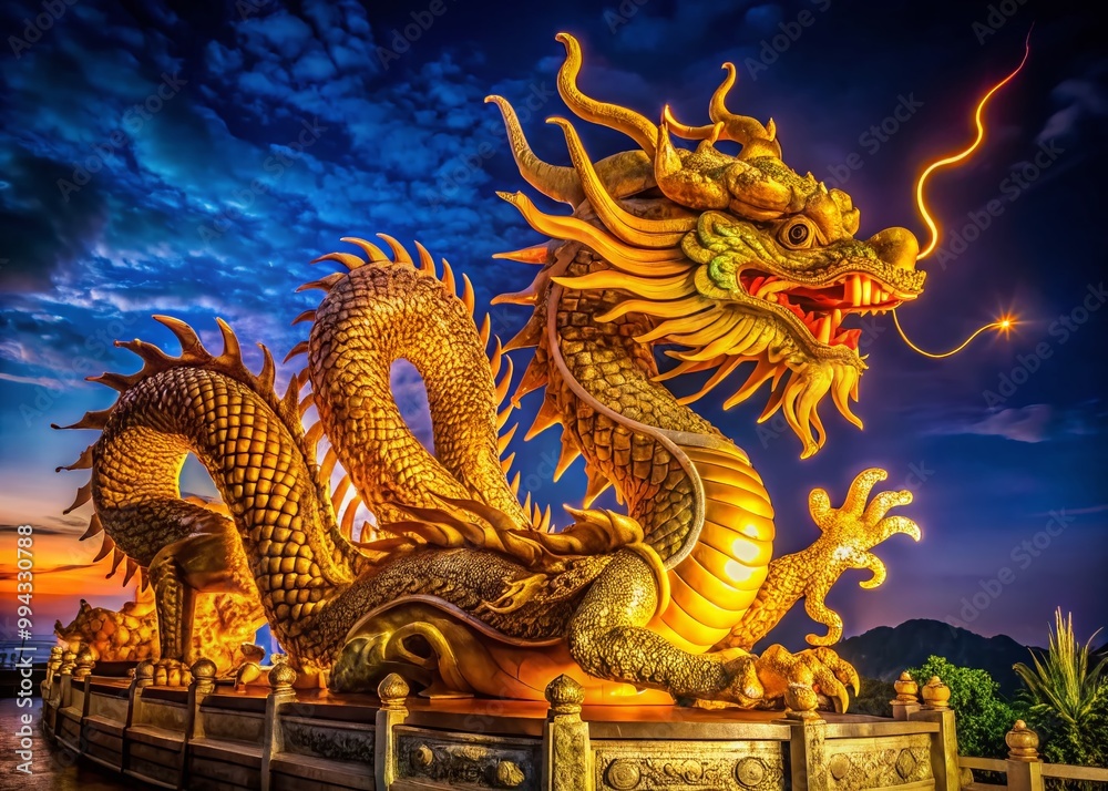 Obraz premium Majestic golden dragon sculpture with intricate details representing power and fantasy in art form