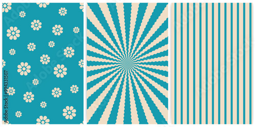 Set of vintage style abstract background seamless patterns of floral motif, scattered daisy, wavy sunburst, vertical stripes for web, print, or packaging, retro designs, wallpaper, or textile. Vector.