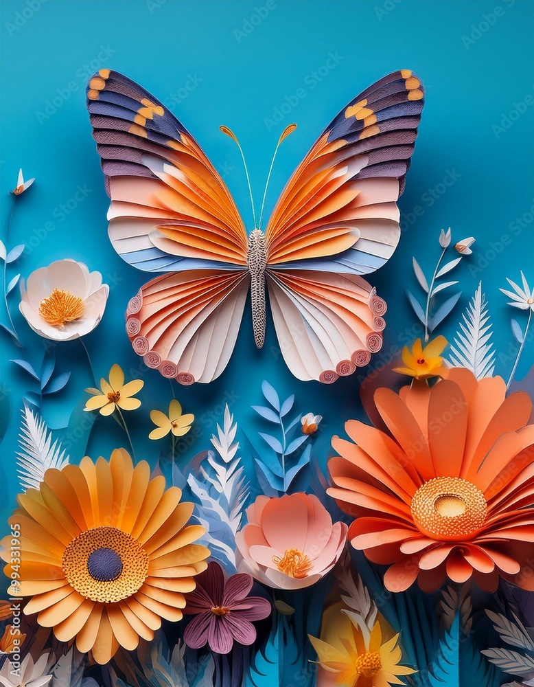 Obraz premium Beautiful yellow swallowtail butterfly with black wings, flying on a blue background