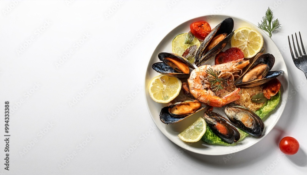 Fresh mussels cooked to perfection, served on a white plate with a side of lemon wedges and a drizzle of creamy sauce on white background Fresh mussels cooked to perfection, served on a white plate with a side of lemon wedges and a drizzle of creamy sauce on white background