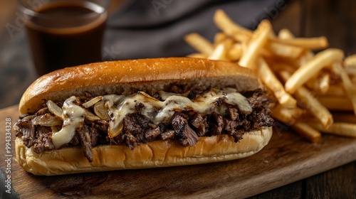 Philly cheesesteak sandwich made with steak, cheese and onions on a toasted hoagie roll with french fries on a wooden board 