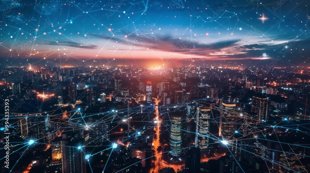Fototapeta premium A cityscape at dusk with a network of digital connections overlay, depicting urban connectivity and technological integration.