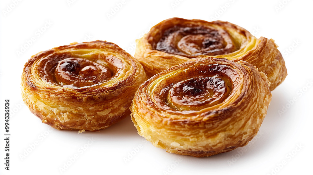 Freshly baked pastries arranged neatly on a white background showcasing their golden layers Freshly baked pastries arranged neatly on a white background showcasing their golden layers