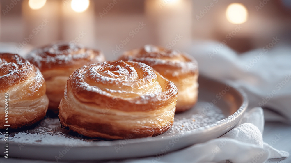 Freshly baked pastry rolls on a plate with powdered sugar in a cozy candlelit atmosphere Freshly baked pastry rolls on a plate with powdered sugar in a cozy candlelit atmosphere