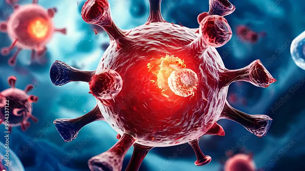 Microscopic View of Virus Cell, Biological Infection Structure, Red Core, Medical Research, Viral Pathogen in Motion