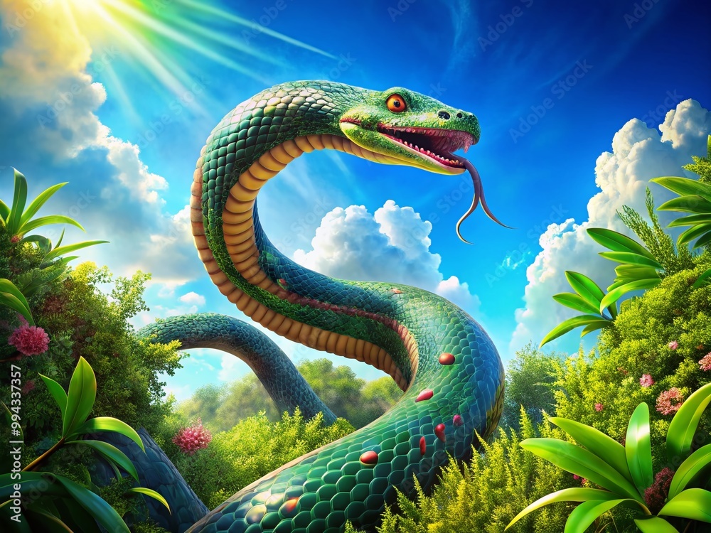 Fototapeta premium Majestic Long Serpent Gliding Through Lush Greenery Under a Bright Blue Sky in Serene Landscape