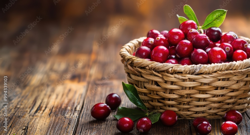 Cranberries in a basket on wooden table. Fresh raw red berries and green leaves closeup Cranberries in a basket on wooden table. Fresh raw red berries and green leaves closeup