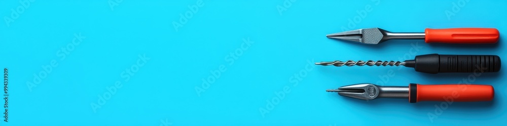 A set of colorful hand tools on a bright blue background, perfect for DIY projects and home repairs, background with copy space