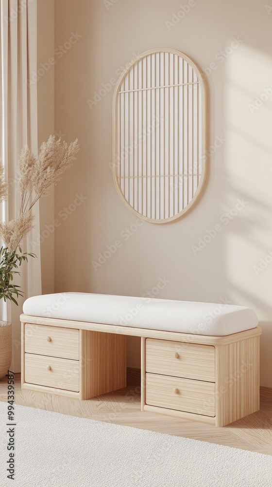 Fototapeta premium A functional Japanese-style storage bench features a white cushion, light wood drawers, and complements a serene, beige-walled room with greenery and wooden floors