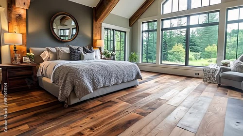 Cozy Modern Bedroom with Wooden Floors and Large Windows, Serene Nature View, Elegant Interior Design, Rustic Charm