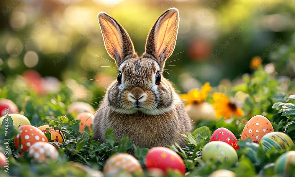 A cute rabbit surrounded by colorful Easter eggs in a garden. A cute rabbit surrounded by colorful Easter eggs in a garden.