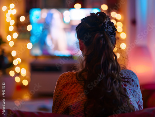 Individual sitting on a sofa, laughing while watching a comedy sketch show on television. photo