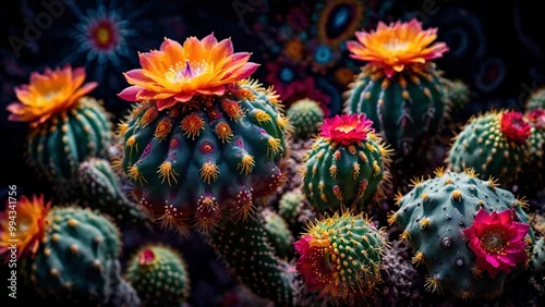 Obraz Beautiful psychedelic art illustration of entheogenic flowering Peyote cactuses against the dark background. Vibrant Lophophora williamsii trippy psychoactive psy trance illustration artwork.