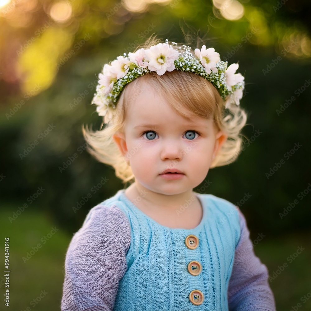 Criança loira de olhos azuis com aproximadamente 1 ano com uma tiara de flores no cabelo e vestindo uma blusa roxa e azul Criança loira de olhos azuis com aproximadamente 1 ano com uma tiara de flores no cabelo e vestindo uma blusa roxa e azul