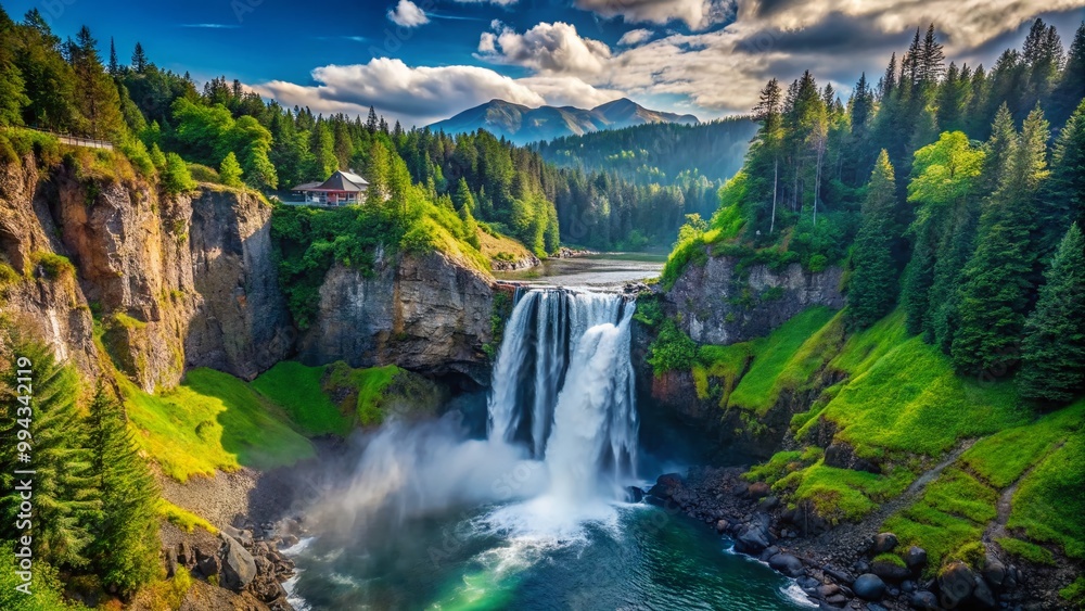 Naklejka premium Majestic Snoqualmie Falls Cascading Through Lush Green Forest in Washington State Nature Landscape