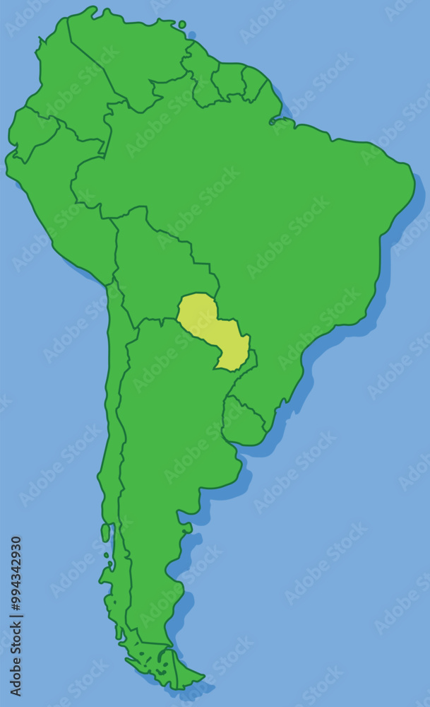 Fototapeta premium Highlighted map of PARAGUAY inside detailed blank flat political map of South (Latin) American continent on isolated background