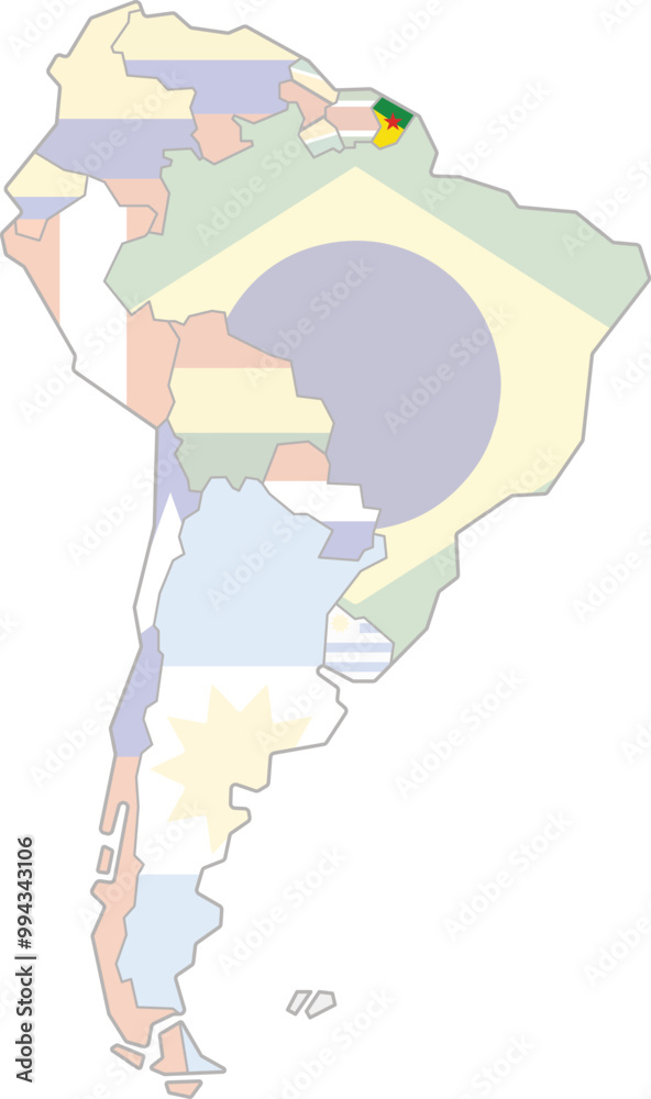 Obraz premium Highlighted map of FRENCH GUIANA inside detailed blank flat political map of South (Latin) American continent on isolated background