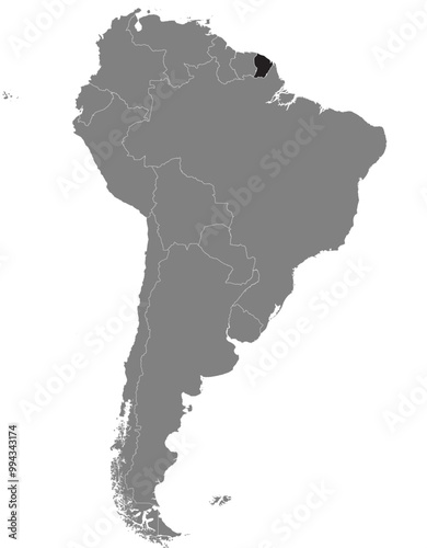 Highlighted map of FRENCH GUIANA inside detailed blank flat political map of South (Latin) American continent on isolated background