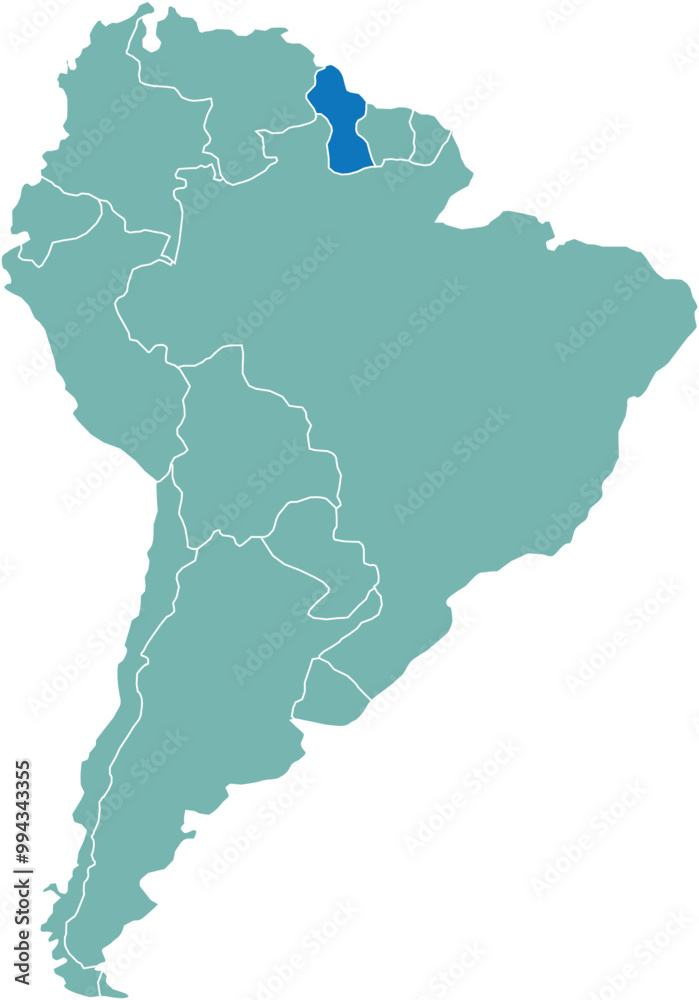 Obraz premium Highlighted map of GUYANA inside detailed blank flat political map of South (Latin) American continent on isolated background