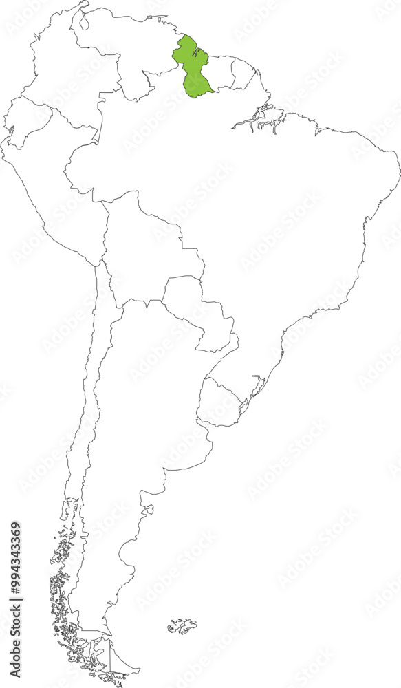 Highlighted map of GUYANA inside detailed blank flat political map of South (Latin) American continent on isolated background