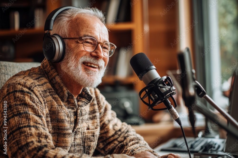 Senior man enjoying recording a podcast at home while sharing laughter in a cozy environment Senior man enjoying recording a podcast at home while sharing laughter in a cozy environment