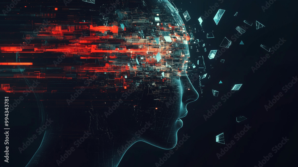 Fototapeta premium Human Silhouette with Fragmenting Digital Data and Glitch Effects