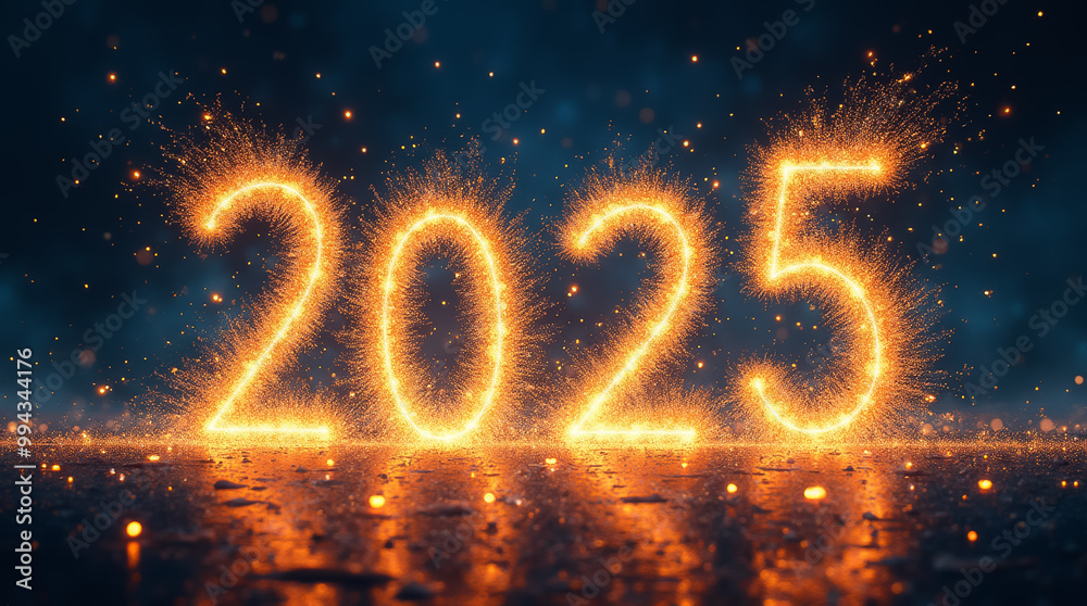 Bright sparks create the year 2025 against a dark background, symbolizing excitement and celebration for the New Year. The scene radiates joyous energy Bright sparks create the year 2025 against a dark background, symbolizing excitement and celebration for the New Year. The scene radiates joyous energy
