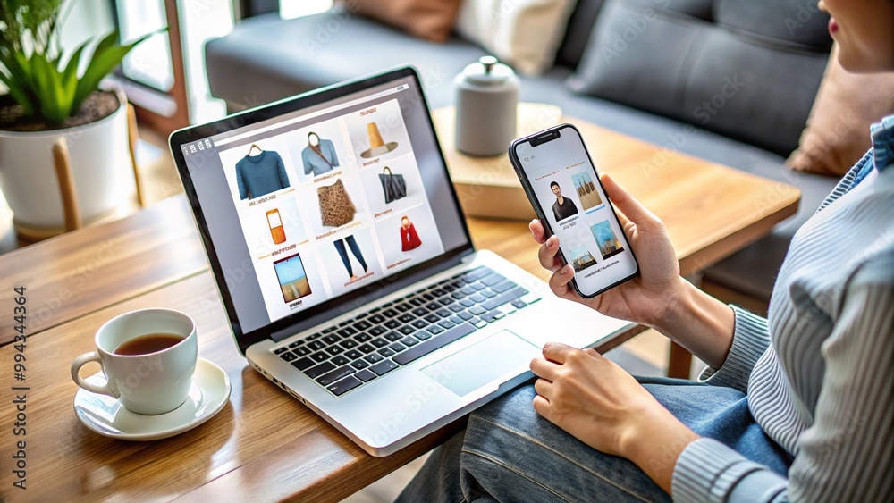 A person sits comfortably in a cozy living room, using a laptop and smartphone to browse various products online, enjoying a cup of coffee nearby A person sits comfortably in a cozy living room, using a laptop and smartphone to browse various products online, enjoying a cup of coffee nearby