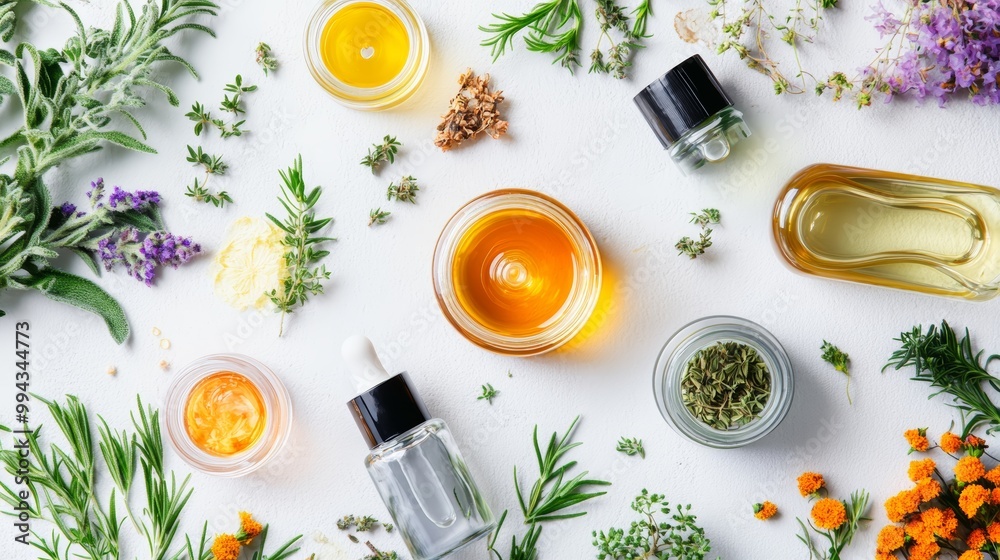 Assortment of essential oils, fresh herbs, and aromatherapy accessories on white background, showcasing natural wellness and holistic health concepts Assortment of essential oils, fresh herbs, and aromatherapy accessories on white background, showcasing natural wellness and holistic health concepts